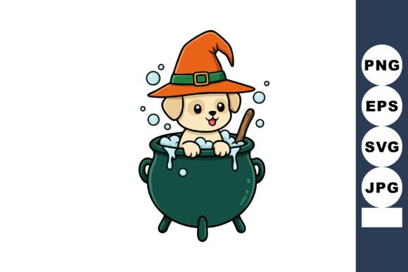 Cute Dog in Orange Witch Hat Embroidery