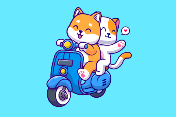 Cute Shiba Inu Dog and Cat Riding Bike