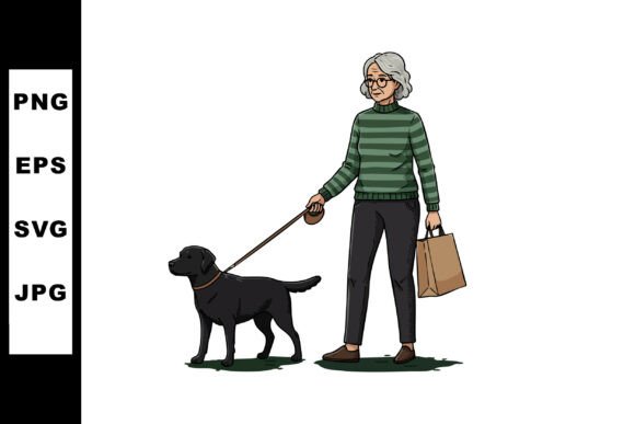 Elderly Woman Walking Black Dog with Pap