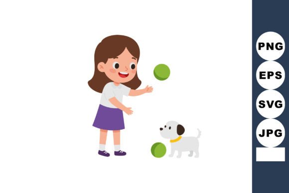 Girl Playing with Dog and Green Balls Embroidery