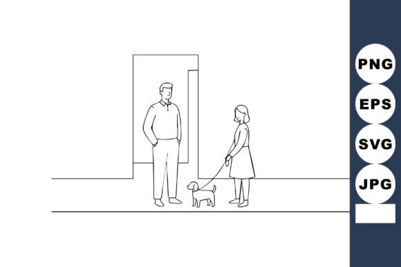 Man and Woman Walking Dog Outline Vector Review