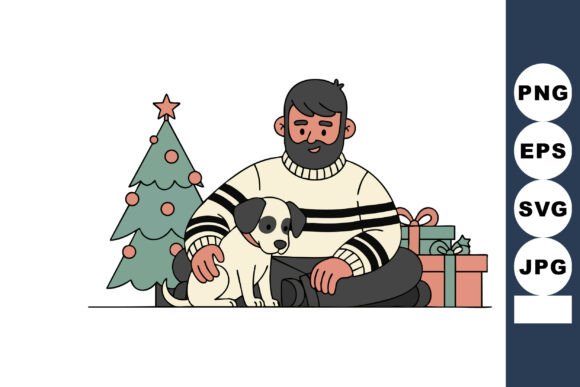 Man with Dog Sitting Near Decorated Tree